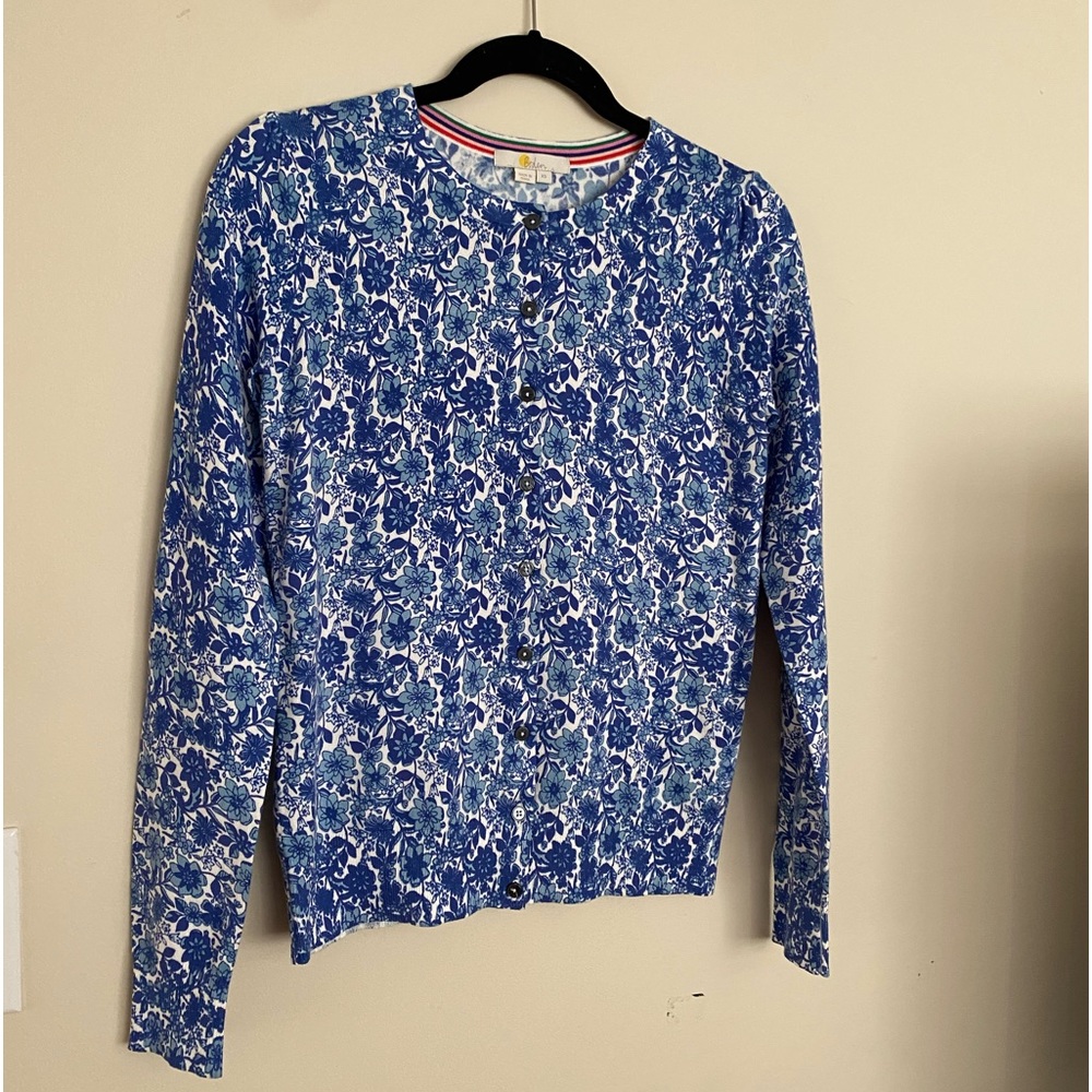 Boden XS Blue White Floral Cardigan Sweater